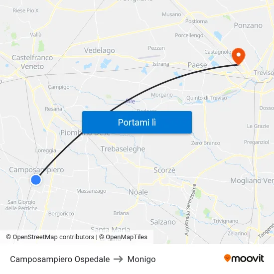Camposampiero Ospedale to Monigo map