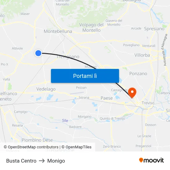 Busta Centro to Monigo map