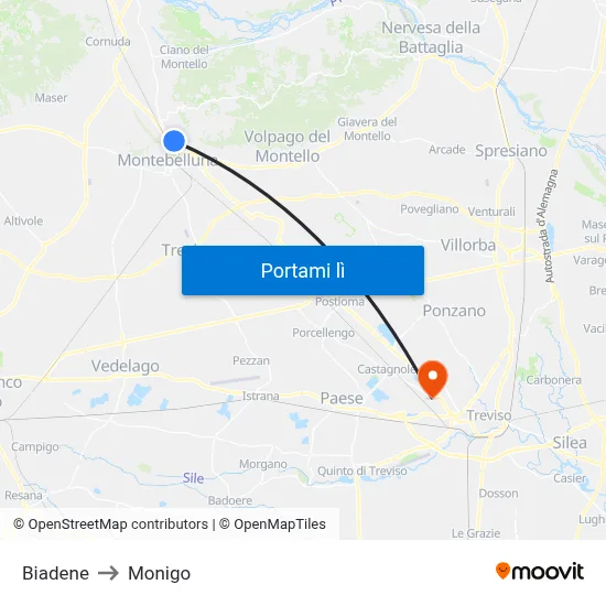 Biadene to Monigo map