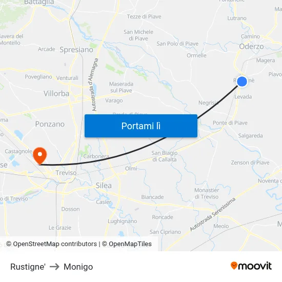 Rustigne' to Monigo map