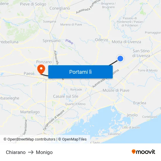 Chiarano to Monigo map