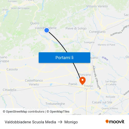 Valdobbiadene Scuola Media to Monigo map