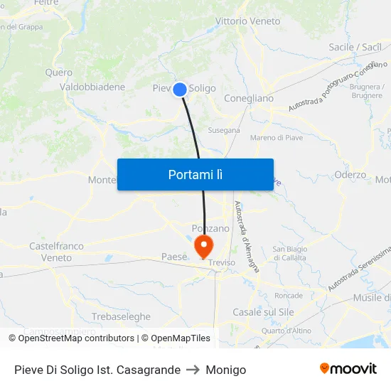 Pieve Di Soligo Ist. Casagrande to Monigo map
