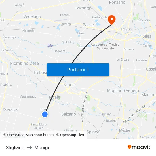 Stigliano to Monigo map