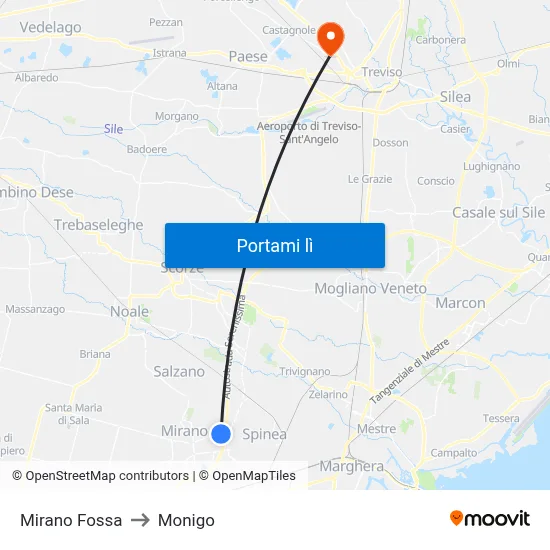 Mirano Fossa to Monigo map