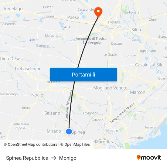 Spinea Repubblica to Monigo map