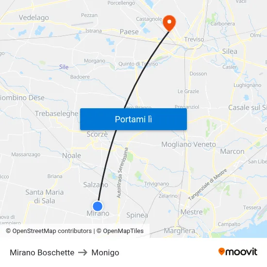 Mirano Boschette to Monigo map