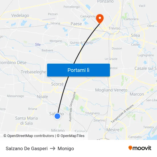 Salzano De Gasperi to Monigo map