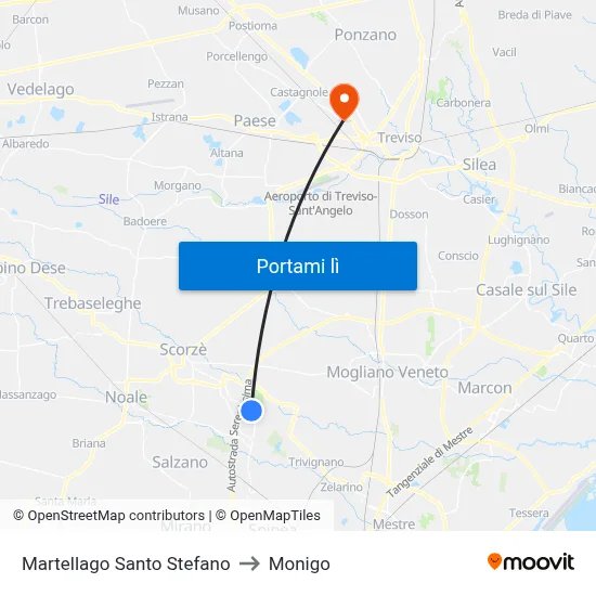 Martellago Santo Stefano to Monigo map
