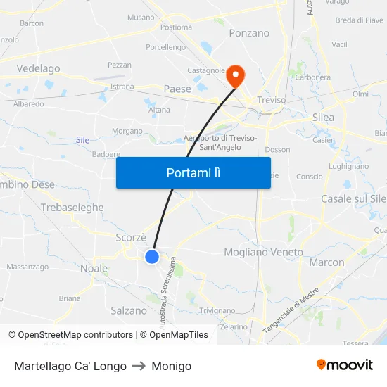 Martellago Ca' Longo to Monigo map