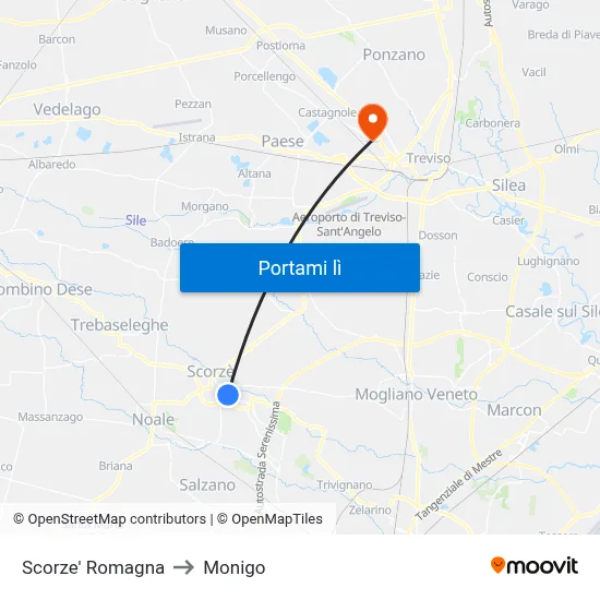 Scorze' Romagna to Monigo map