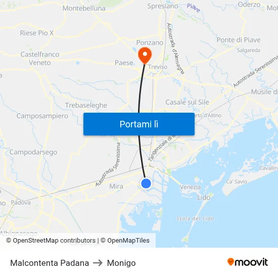 Malcontenta Padana to Monigo map