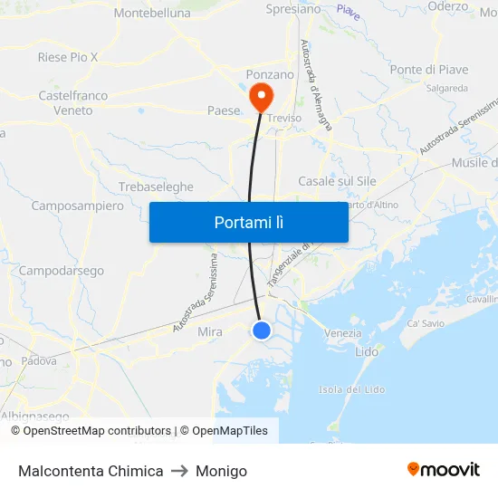 Malcontenta Chimica to Monigo map