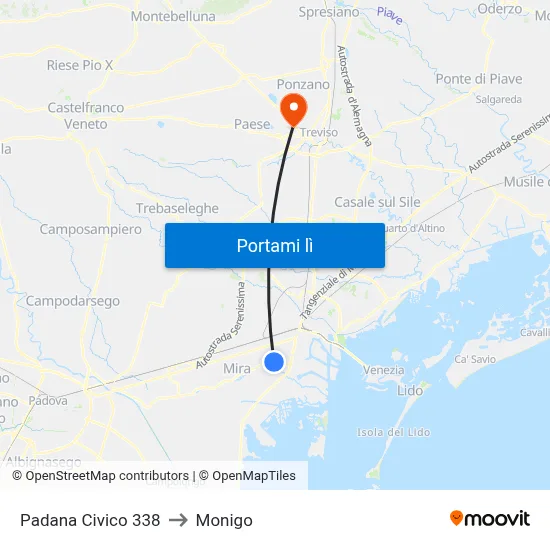 Padana Civico 338 to Monigo map