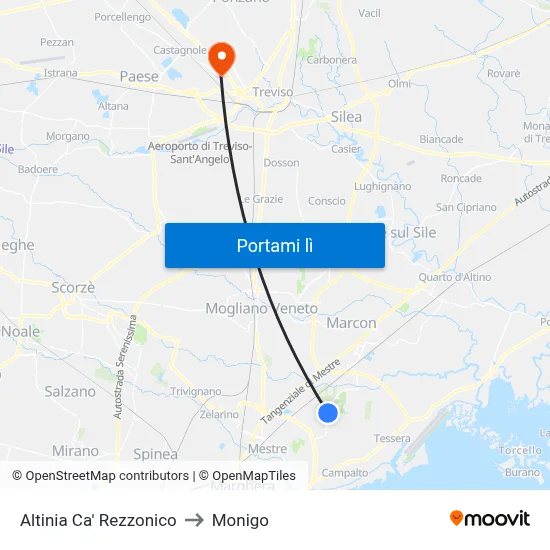 Altinia Ca' Rezzonico to Monigo map
