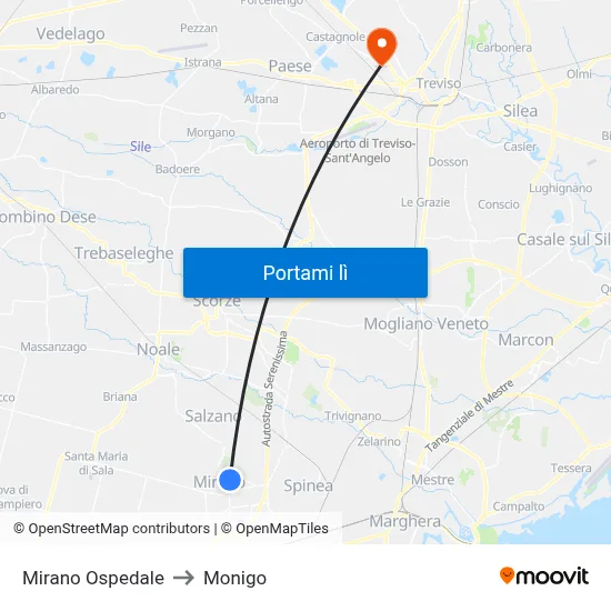 Mirano Ospedale to Monigo map