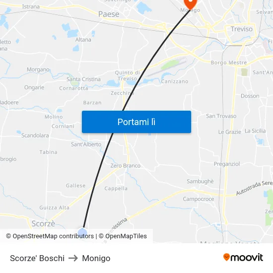Scorze' Boschi to Monigo map