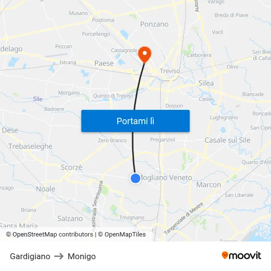 Gardigiano to Monigo map