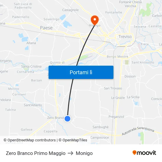 Zero Branco Primo Maggio to Monigo map