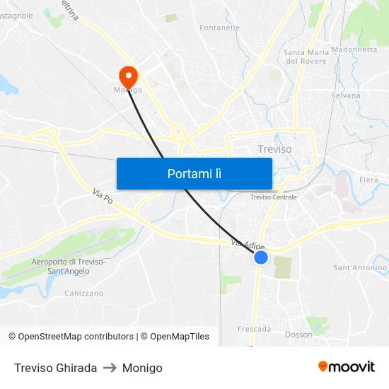 Treviso Ghirada to Monigo map