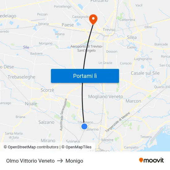 Olmo Vittorio Veneto to Monigo map