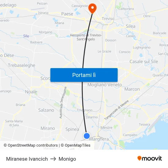 Miranese Ivancich to Monigo map