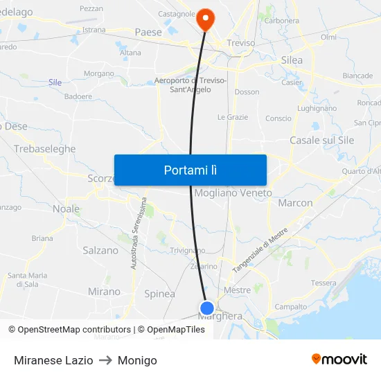 Miranese Lazio to Monigo map