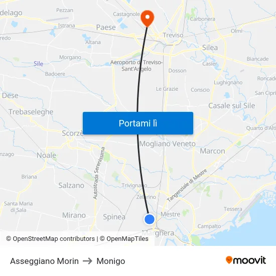Asseggiano Morin to Monigo map