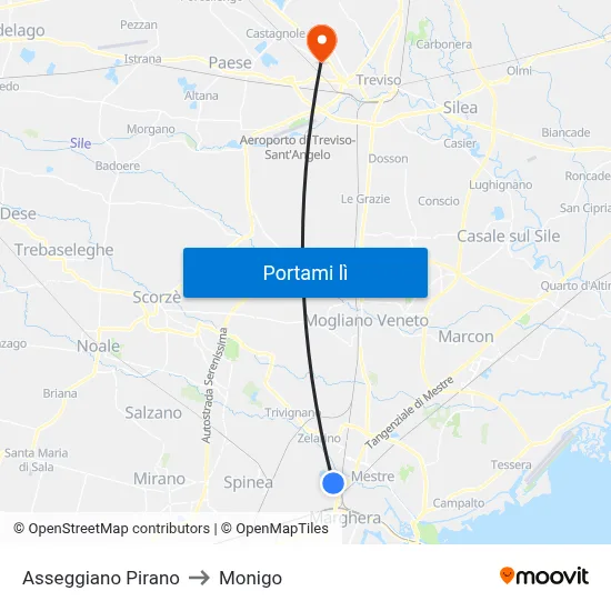 Asseggiano Pirano to Monigo map