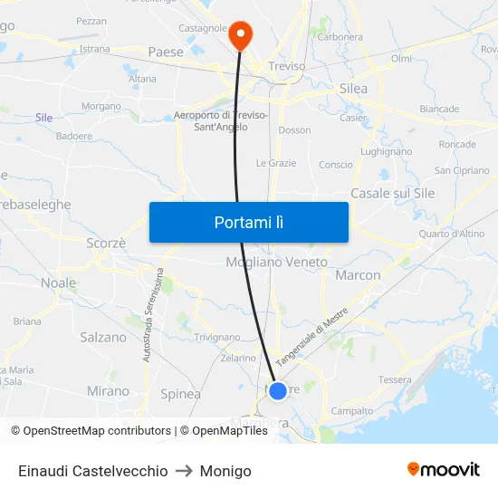 Einaudi Castelvecchio to Monigo map