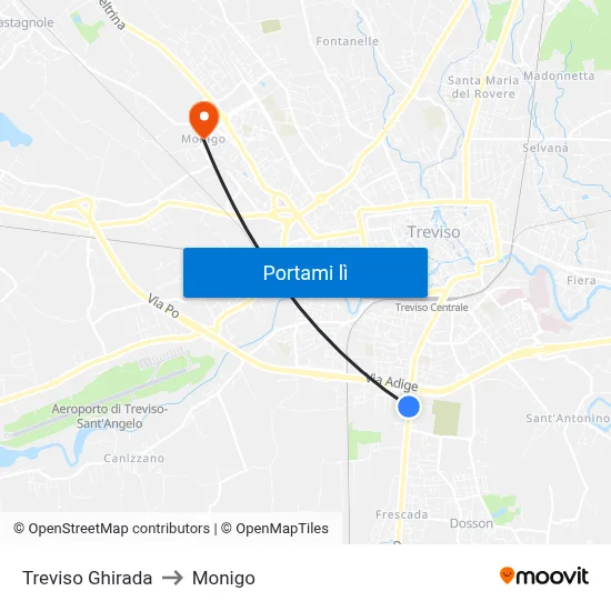 Treviso Ghirada to Monigo map