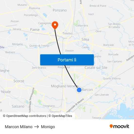 Marcon Milano to Monigo map