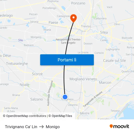 Trivignano Ca' Lin to Monigo map