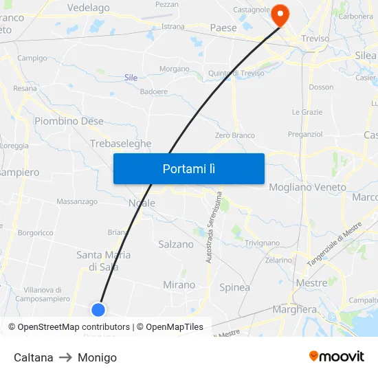 Caltana to Monigo map