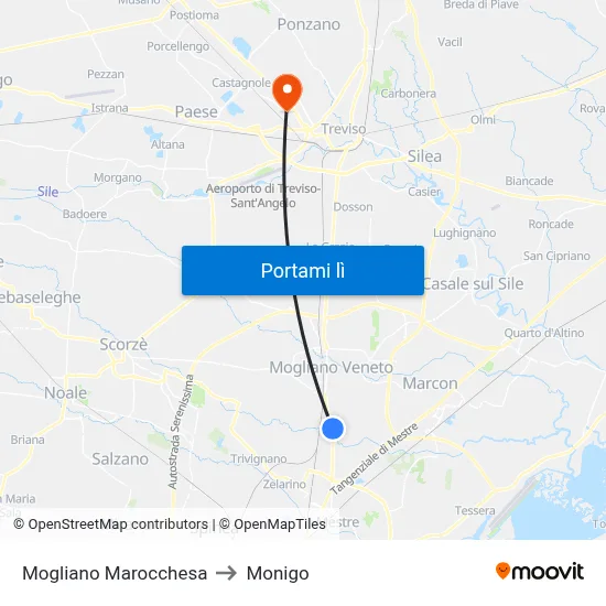 Mogliano Marocchesa to Monigo map