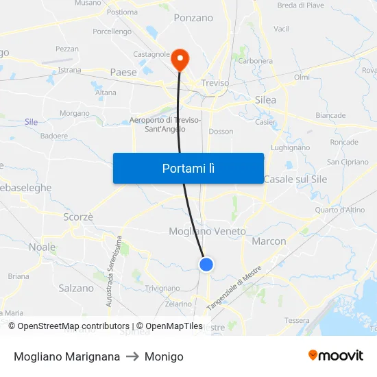 Mogliano Marignana to Monigo map