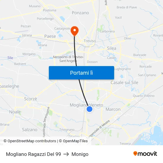 Mogliano Ragazzi Del 99 to Monigo map