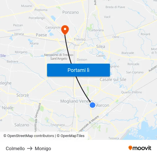 Colmello to Monigo map