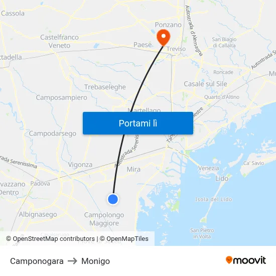 Camponogara to Monigo map
