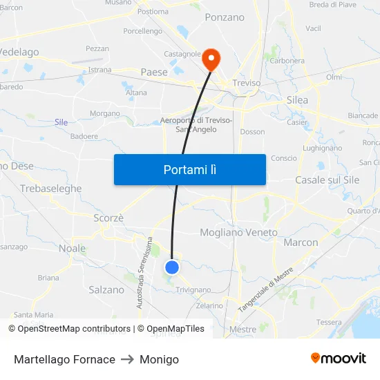 Martellago Fornace to Monigo map