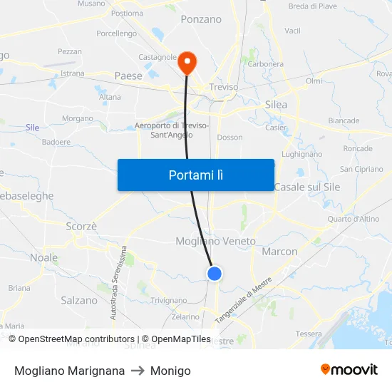 Mogliano Marignana to Monigo map
