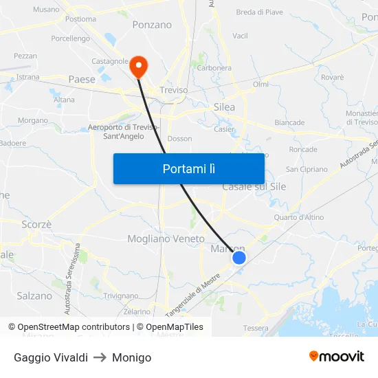 Gaggio Vivaldi to Monigo map