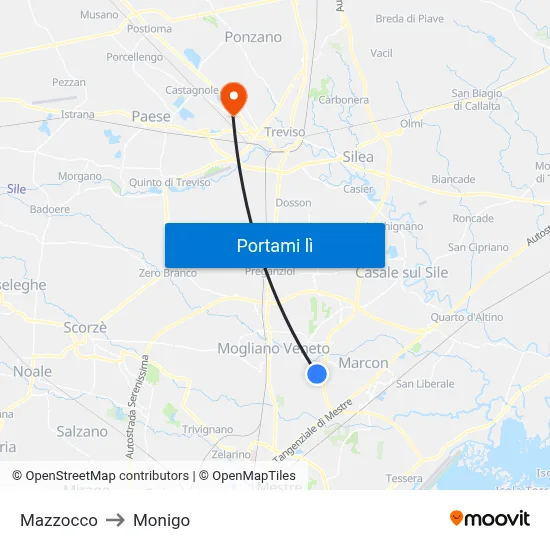 Mazzocco to Monigo map