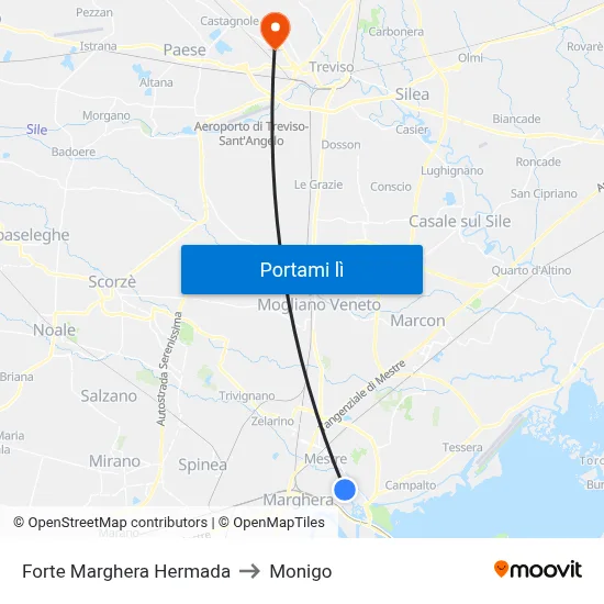 Forte Marghera Hermada to Monigo map