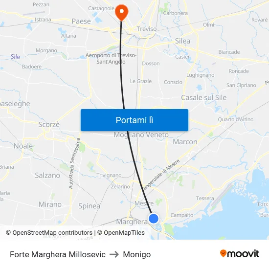 Forte Marghera Millosevic to Monigo map