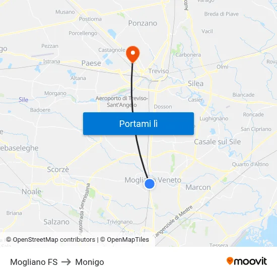 Mogliano FS to Monigo map