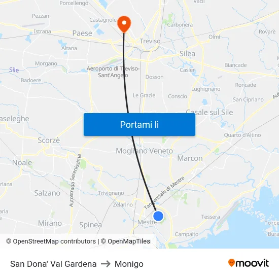 San Dona' Val Gardena to Monigo map