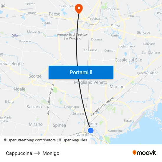 Cappuccina to Monigo map