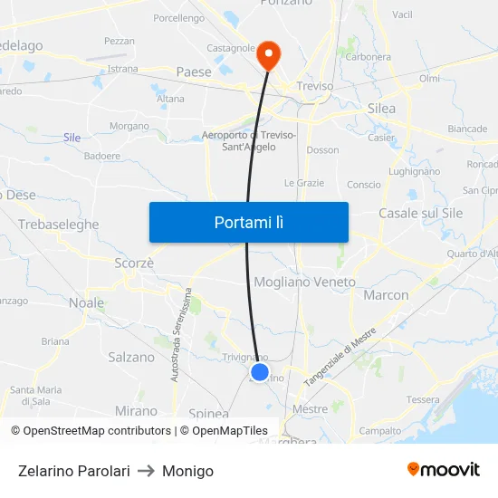 Zelarino Parolari to Monigo map