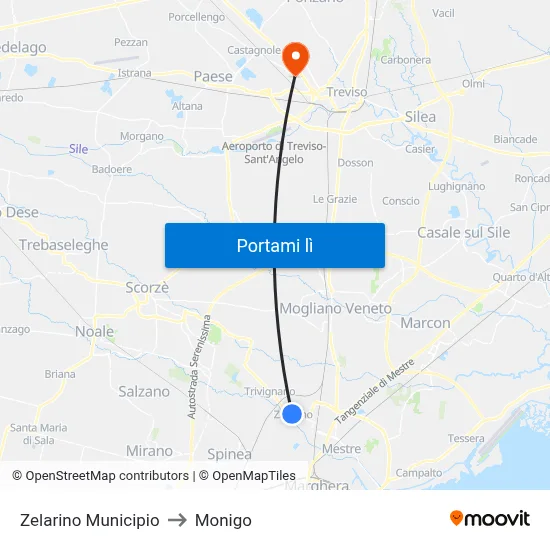 Zelarino Municipio to Monigo map